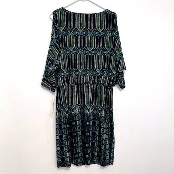 NEW NWT SANDRA DARREN Black Green Teal Geometric Geo Cold Shoulder Cutout Dress - Picture 13 of 16